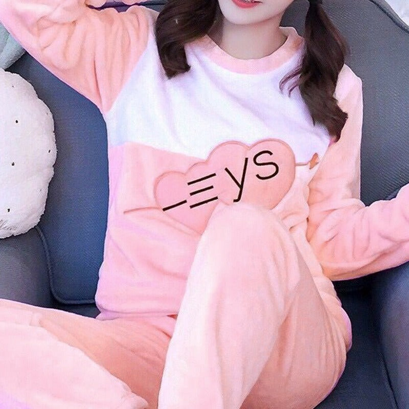 JuliaFashion - 2024 Solid Long Sleeve Winter Fluffy Pijama Suit