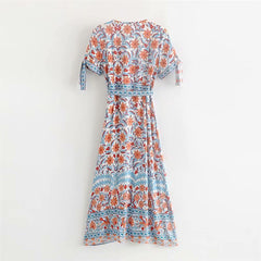 JuliaFashion-Deep V Neck Wrap Gypsy Boho Dress