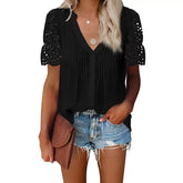 JuliaFashion - 2024 Women Casual Loose V-neck Pleated Lace Stitch Short-Sleeved Top