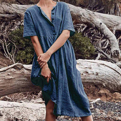 JuliaFashion - Short Sleeve Solid Midi Summer Dress
