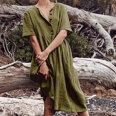 JuliaFashion - Short Sleeve Solid Midi Summer Dress