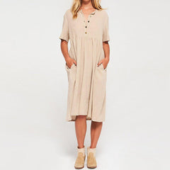 JuliaFashion - Short Sleeve Solid Midi Summer Dress
