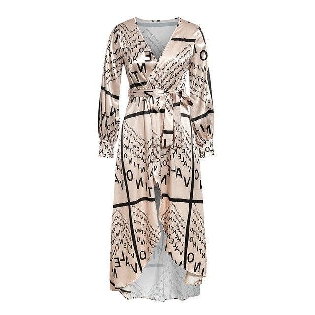 JuliaFashion - 2024 Vintage Letter Printed Long Sleeve Wrap Dress