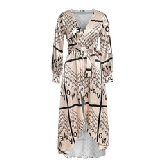 JuliaFashion - Vintage Letter Printed Long Sleeve Wrap Dress