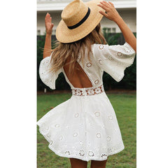 JuliaFashion - White Lace Floral Embroidery Short Sleeve Mini Dress