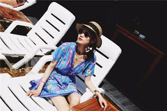 JuliaFashion - Wild Peacock & Flowers V-Neck Mini Dress