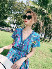 JuliaFashion - Wild Peacock & Flowers V-Neck Mini Dress