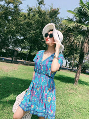 JuliaFashion - Wild Peacock & Flowers V-Neck Mini Dress