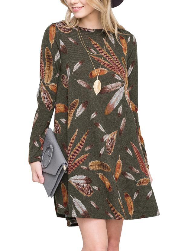JuliaFashion - 2024 Right About This Feather Print Tunic Dress
