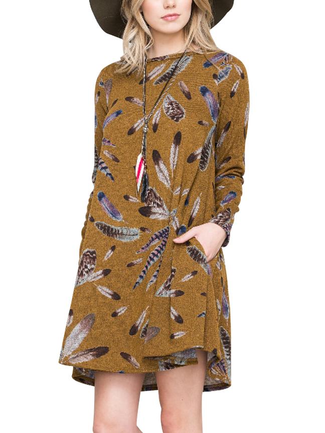 JuliaFashion - 2024 Right About This Feather Print Tunic Dress