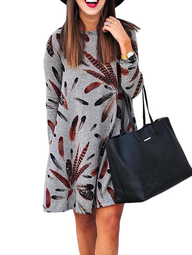 JuliaFashion - 2024 Right About This Feather Print Tunic Dress