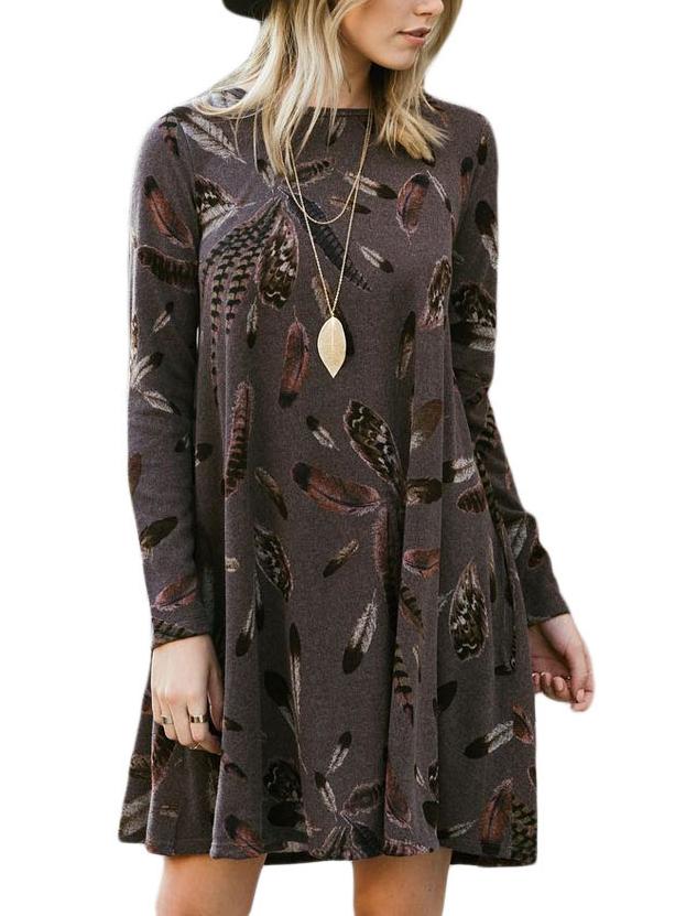 JuliaFashion - 2024 Right About This Feather Print Tunic Dress