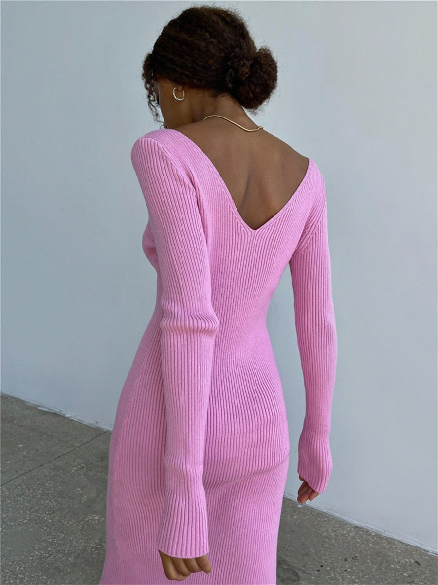 JuliaFashion - 2024 V-Neck Backless Knit Rib Wrap Midi Pencil Dress