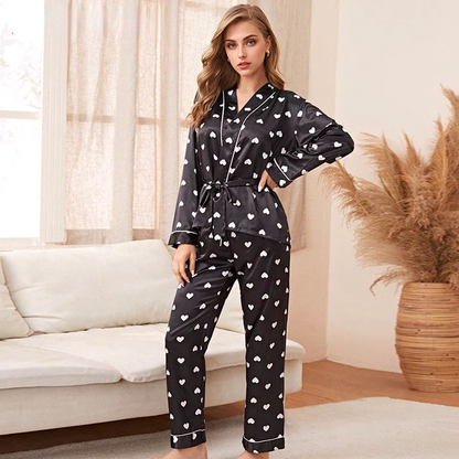 JuliaFashion - 2024 Silk Love Print Long Sleeve Pajama Set