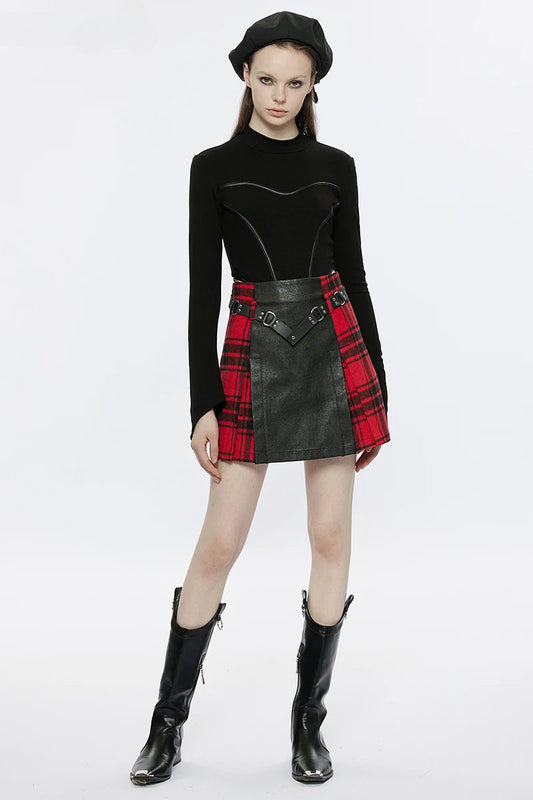 Women's Buckle Belt Black+Red Daily Metal Splicing Plaid Rivet A-Line Mini Personality Skirt