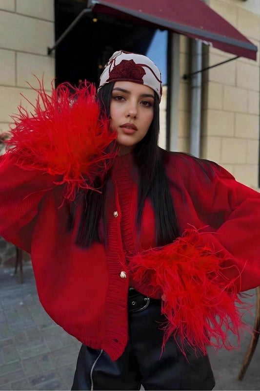 Furry Cuff Metal Button Christmas Cardigan