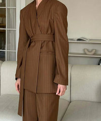 Brown Print V-Neck Lace-Up Pants Office Two Piece Set