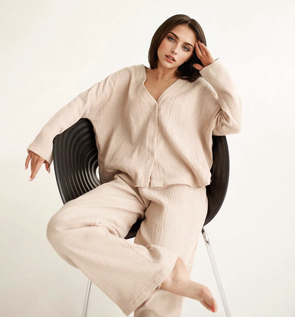 JuliaFashion-Cotton Linen Solid Single Breasted Long Sleeve Pijama Suit