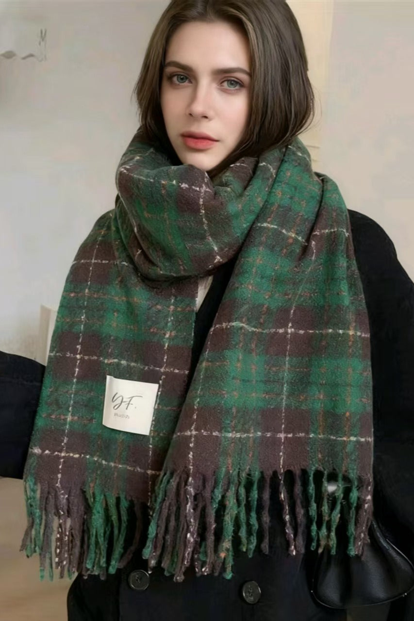 Plaid Fringe Thermal Knit Christmas Scarf