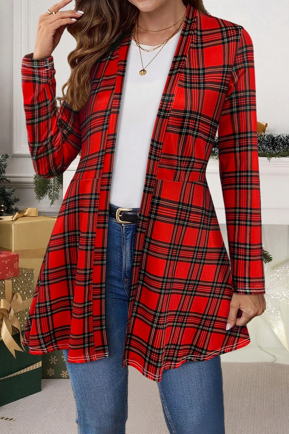 Red Plaid Open Front Christmas Outerwear