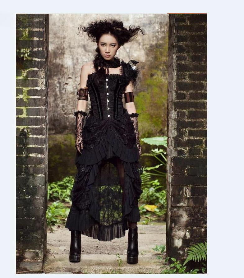 New Women Victorian Lace Up SteamGothic Goth Long Ruffle Dress Skirt