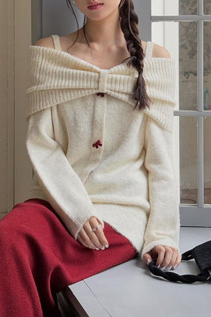 Off-Shoulder Bow Button Long Sleeve Wool Knitted Sweater