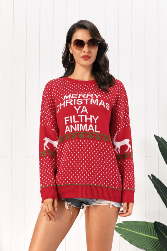 Christmas Deer Letter Xmas Dots Loose Sweater