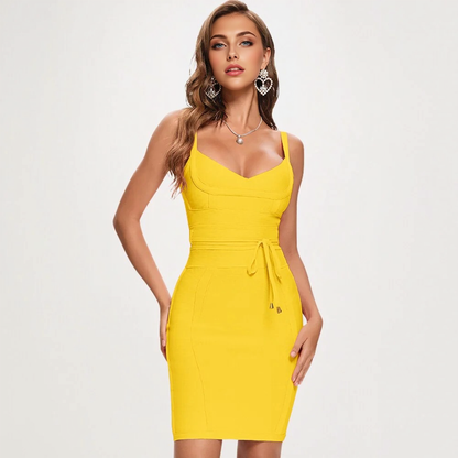 JuliaFashion - 2024 Spaghetti Strap Belt Sashes V-Neck Bodycon Dresses