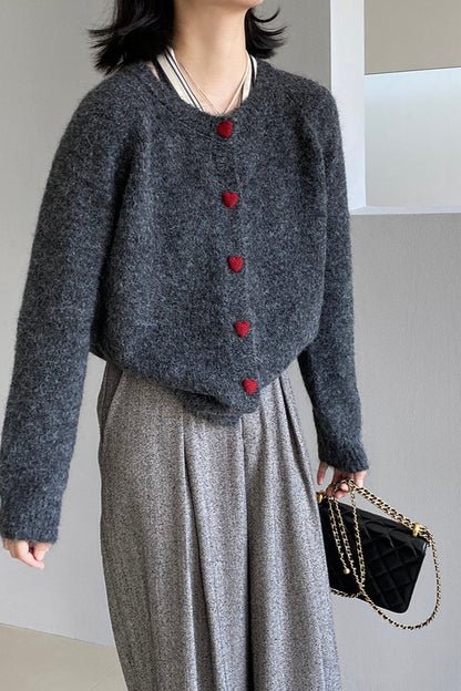 Oversized Heart Button Round Neck Christmas Cardigan