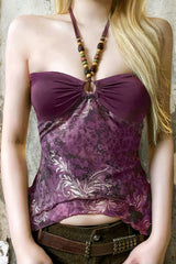Vintage Asymmetric Printed Beaded Halter Top