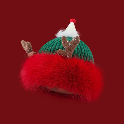 Reindeer Fleece Lined Knit Christmas Hat