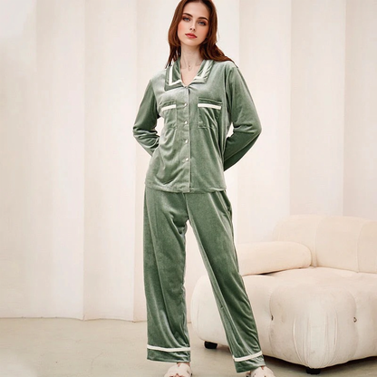 JuliaFashion - 2024 Y2K Fashion Luxury Green Velvet Pajama Set