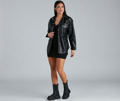 Sleek Trends Faux Leather Tie-Waist Shirt Jacket Casual Woven Jackets
