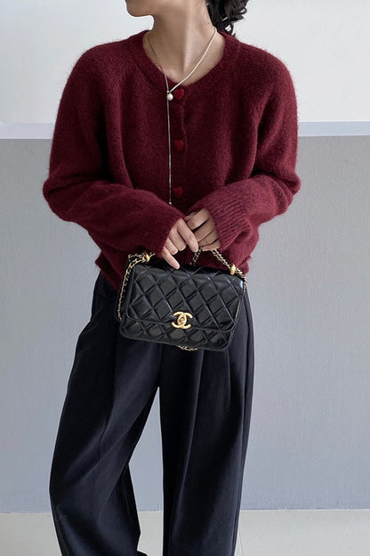 Oversized Heart Button Round Neck Christmas Cardigan