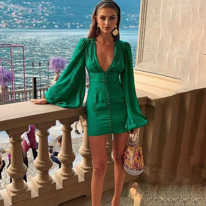 JuliaFashion - 2024 Sexy Lantern Sleeve Green Mini Dress