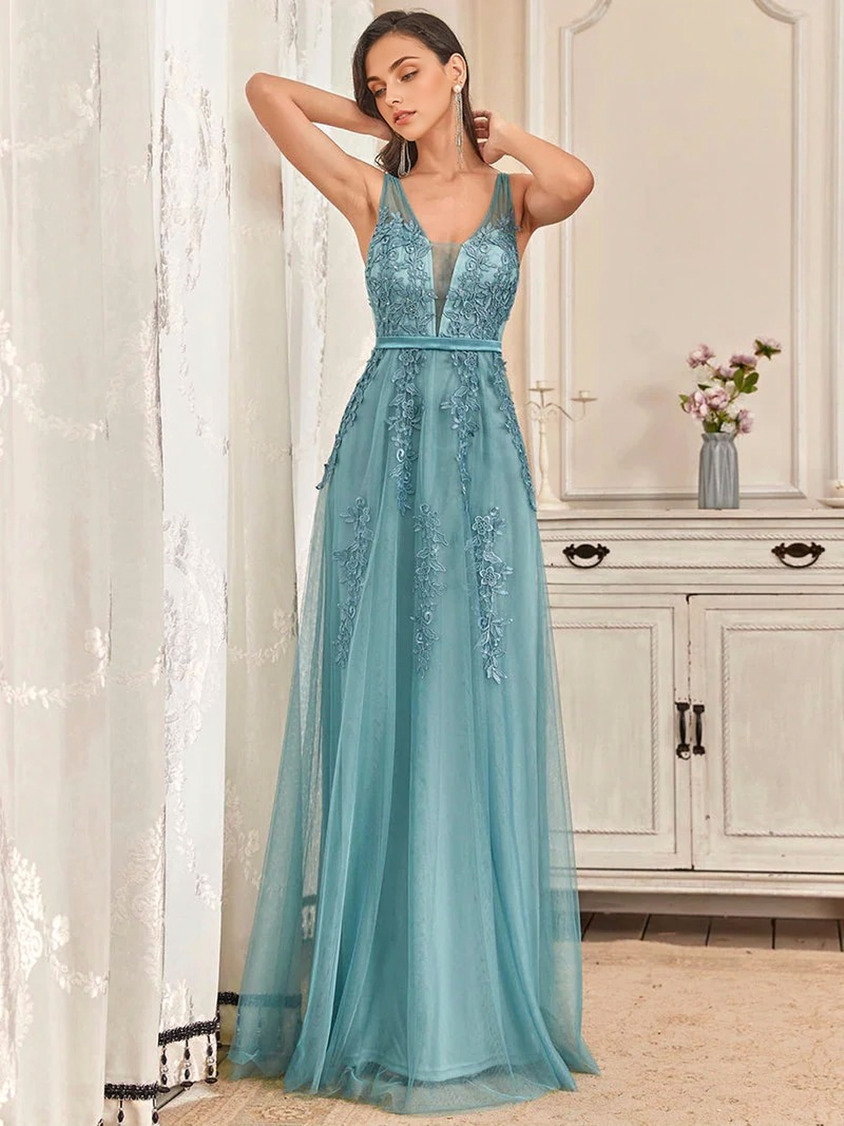 JuliaFashion - 2024 Women Long Lace Beading V-neck Sleeveless Backless Prom Dresses