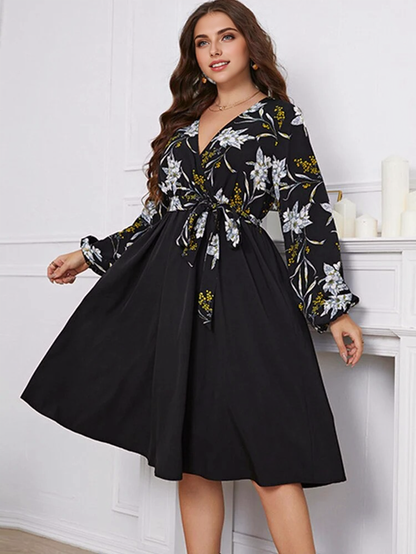 JuliaFashion-Floral Print Patchwork Lace Up Elegant Chubby Dresses