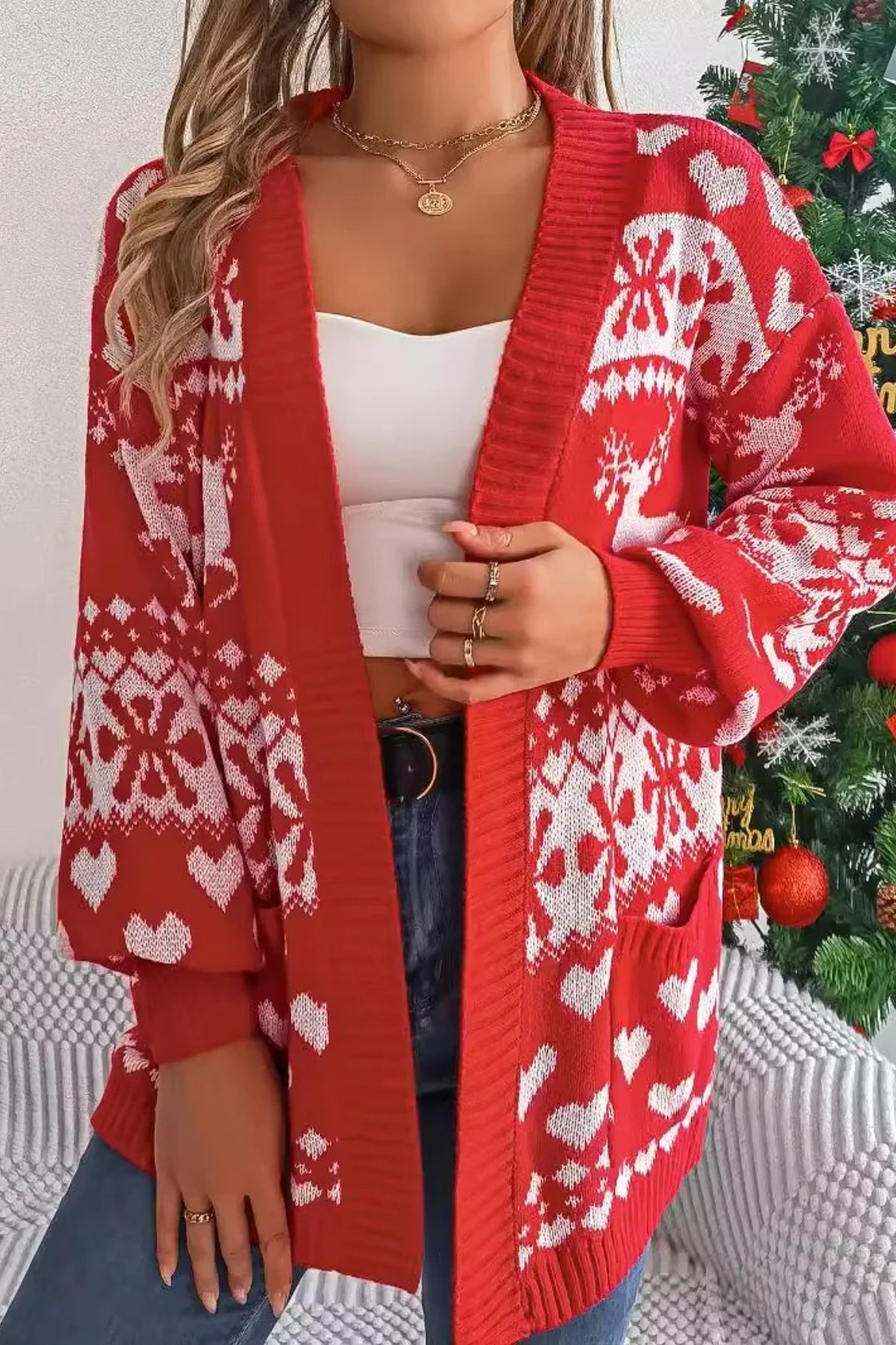 Christmas Deer Pocket Lantern Sleeve Christmas Cardigan