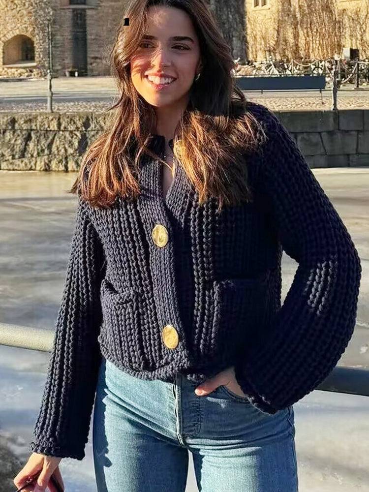 Navy Blue Knitted Sweater Coat with Pockets Cardigan