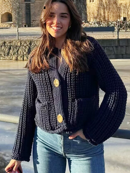 Navy Blue Knitted Sweater Coat with Pockets Cardigan