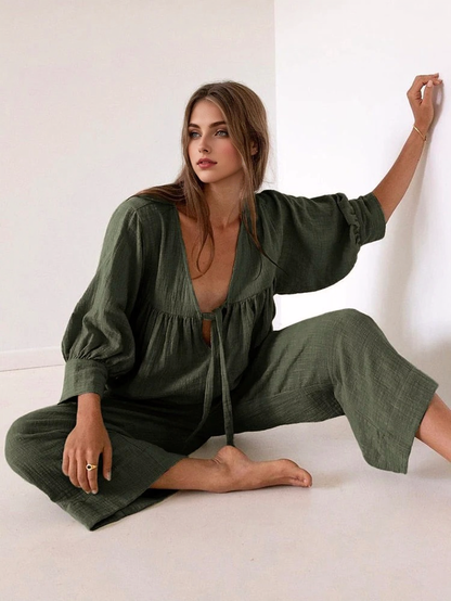 JuliaFashion-Cotton Three Quarter Sleeve V Neck Lace Up Pajama