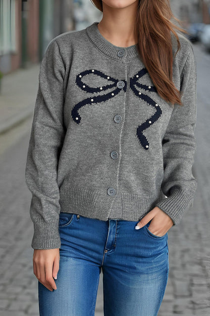 Solid Bow Jacquard Round Christmas Cardigan