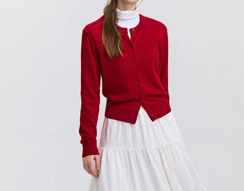 Red Solid Color Elegant Layered Cardigan Cardigan-241208