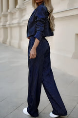 Casual Striped Cropped Two Piece Blazer Pants Set