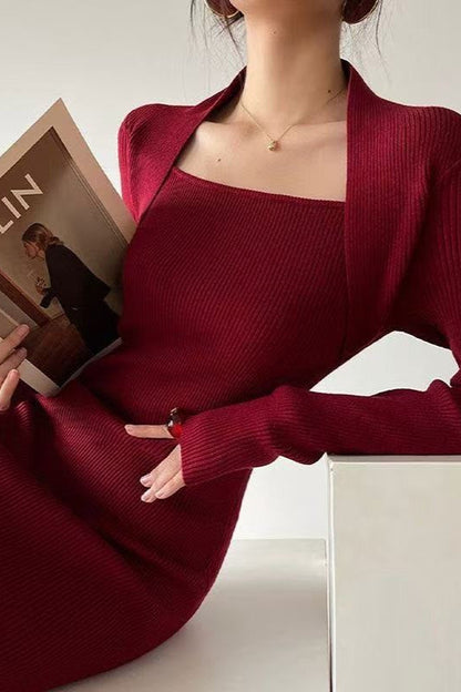Solid Knitted Square Neck Slim Maxi Dress