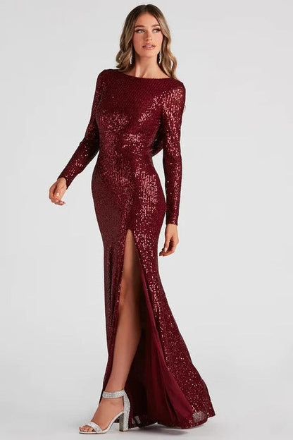 Sexy Long Sleeve High Slit Maxi Beaded Sequin Dress