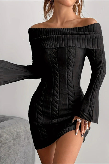 Trendy Casual Versatile Solid Off Shoulder Knit Sweater Dress