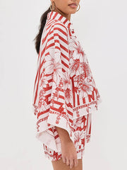 Unique Floral Print Wide Sleeve Shirt and Elastic Waist Pocketed Shorts Set