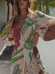 Elegant Linen Blend Unique Print Balloon Sleeve Tie-up Tunic Maxi Dress