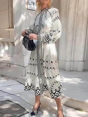 Vintage Casual Lantern Sleeve Floral Print Midi Dress